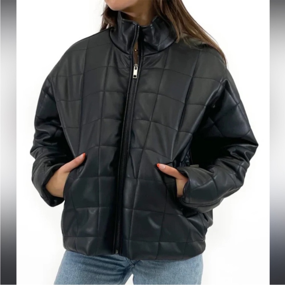 RD Style Quilted Black Vegan Leather Loose Fit S/L Biker Streetwear Jacket - Picture 2 of 6